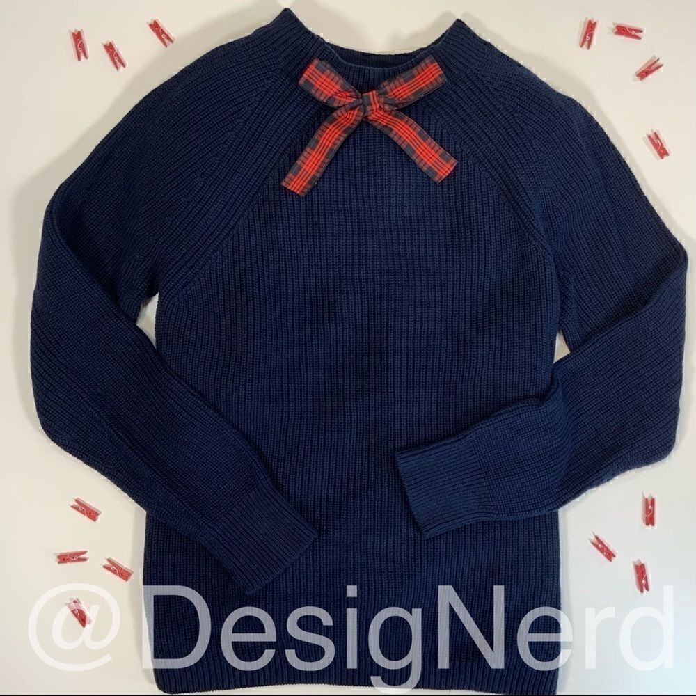 J.CREW GAYLE BOW TIE NECK WOOL BLEND SWEATER IN NAVY TARTAN PLAID BOW TIE SIZE S